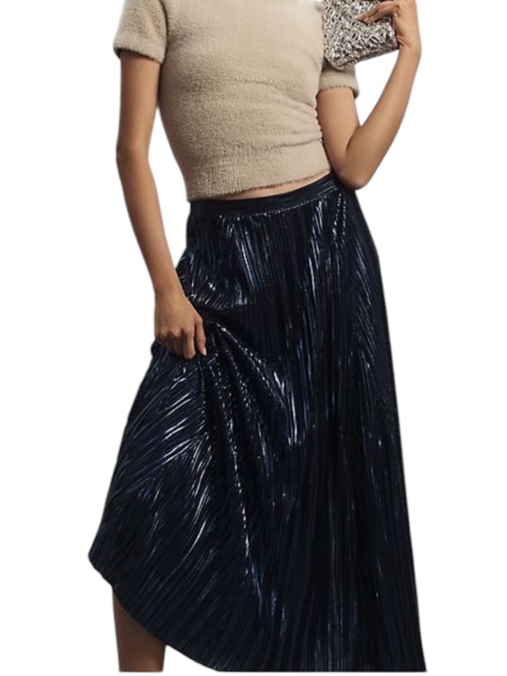 Anthropologie metallic blue pleated a-line midi skirt size M excellent condition - Picture 2 of 14